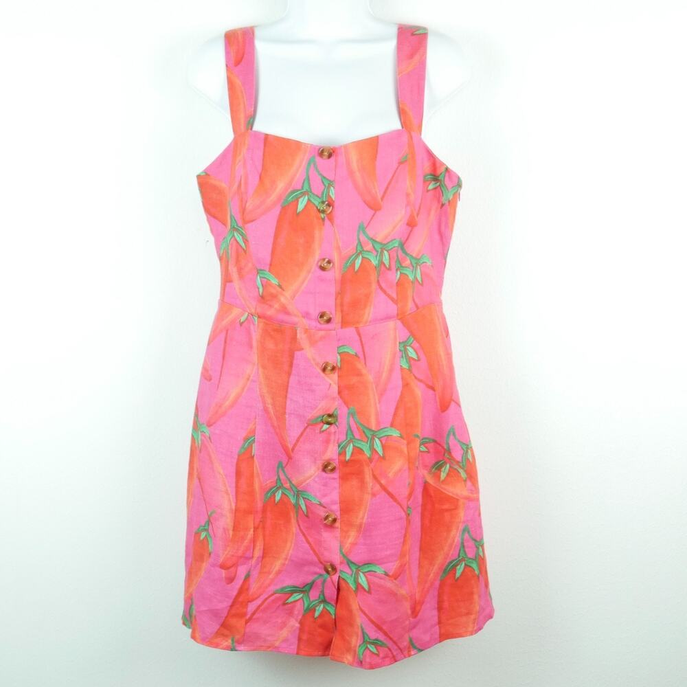 Farm Rio Mini Dress 100% Linen Pink Pepper Novelty Print Resort Vacation Summer - Picture 2 of 11